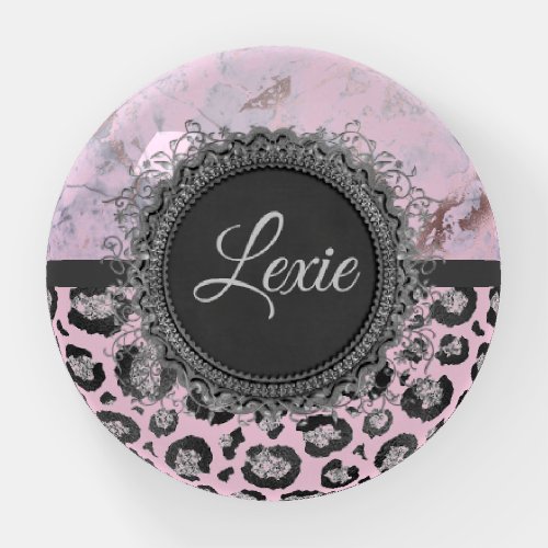 Pink Blush Marble Glittery Leopard Personalized  Paperweight