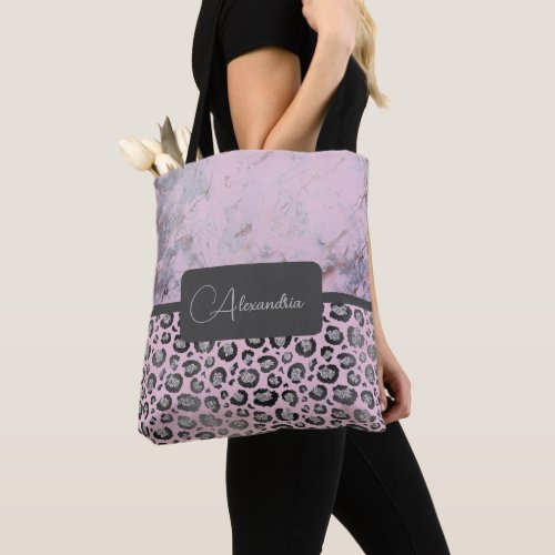 Pink Blush Marble Glittery Leopard Personalized Tote Bag