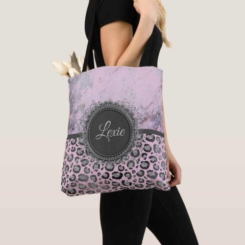 Pink Blush Marble Glittery Leopard Personalized Tote Bag
