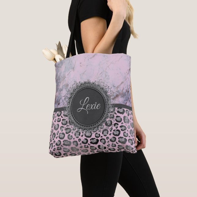 Pink Blush Marble Glittery Leopard Personalized Tote Bag (Close Up)