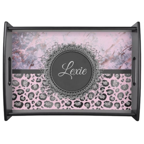 Pink Blush Marble Glittery Leopard          Serving Tray