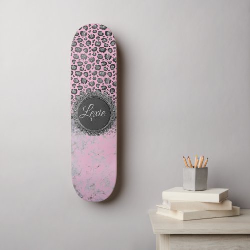 Pink Blush Marble Glittery Leopard     Skateboard