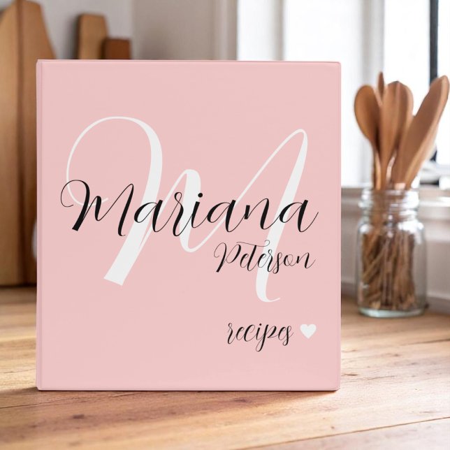 Pink Blush Modern Monogram Chef Recipes 3 Ring Binder (Creator Uploaded)