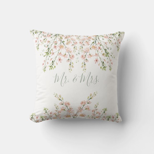 Pink Blush Mr and Mrs Floral Name Wildflowers Throw Pillow (Front)