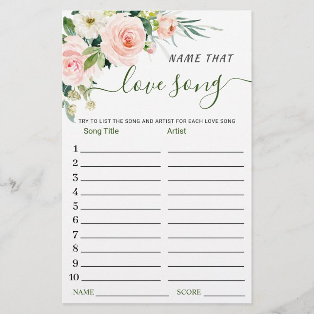 Pink Blush Name that Love Song Bridal Shower Game (Front)