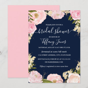 Pink Blush Navy Floral Bridal Shower Invitation