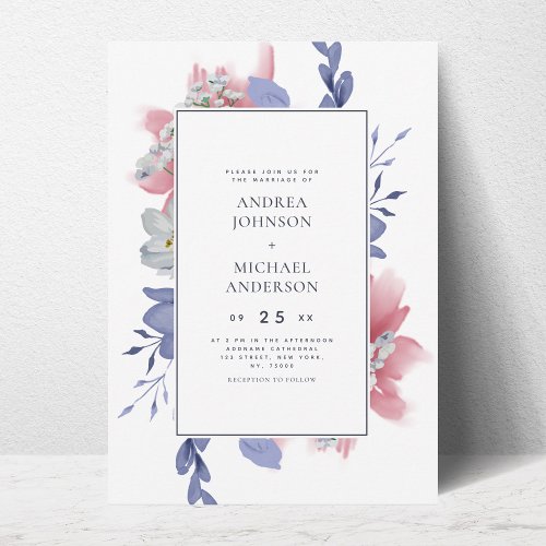 Pink Blush  Navy Watercolor Floral Simple Wedding Invitation