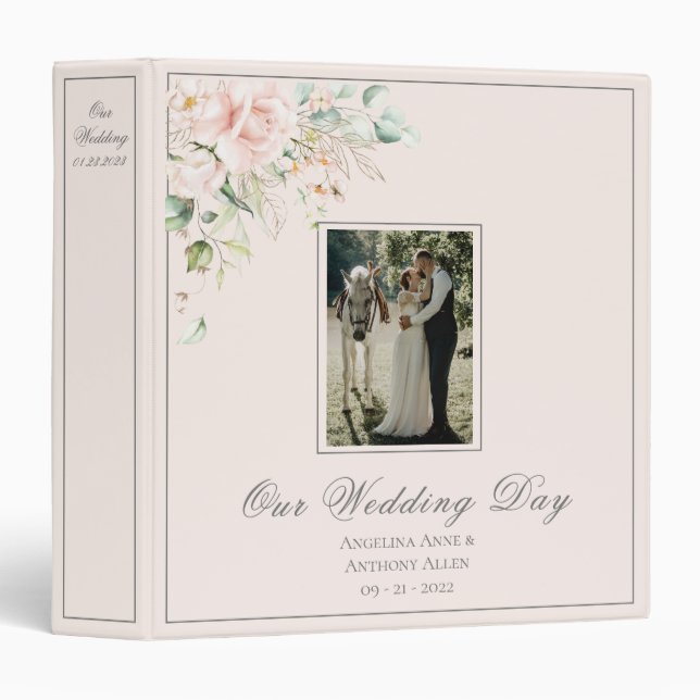 Pink Blush Our Wedding Floral Script  3 Ring Binder (Front/Spine)