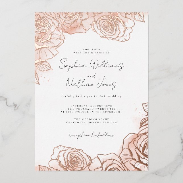 Pink Blush Peach Rose Wedding  Foil Invitation (Front)
