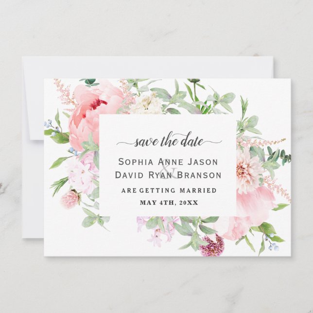 Pink Blush Peonies Bloom Wedding Calligraphy Save The Date (Front)