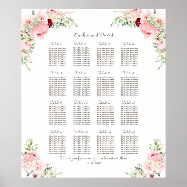 Pink Blush Peonies Bloom Wedding Seating Chart (Front)