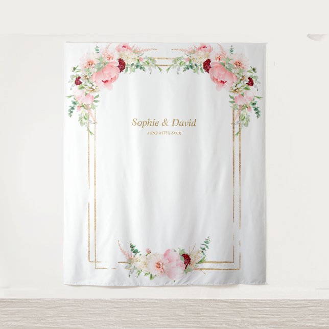 Pink Blush Peonies Gold Bloom Photo Booth Wedding Tapestry (Front)