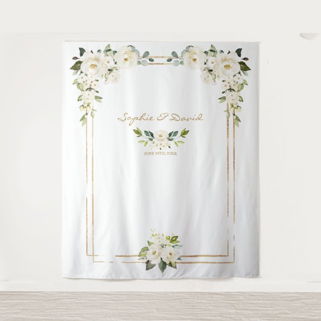 Pink Blush Peonies Gold Bloom Photo Booth Wedding Tapestry (Front)