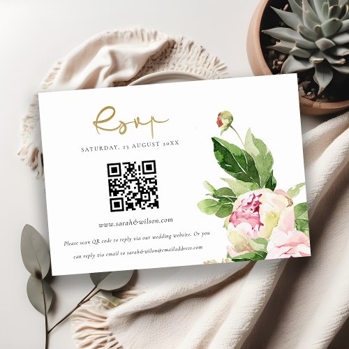 Pink Blush Peony Floral Wedding QR Code RSVP Enclosure Card