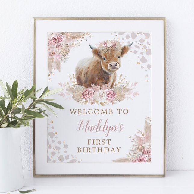 Pink Blush Pink Highland Cow Birthday Welcome Poster (Creator Uploaded)