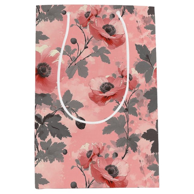Pink, blush poppy flower pattern medium gift bag (Front)