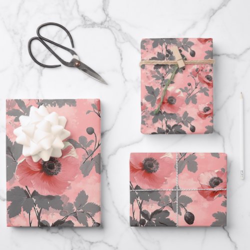 Pink blush poppy flower pattern wrapping paper sheets