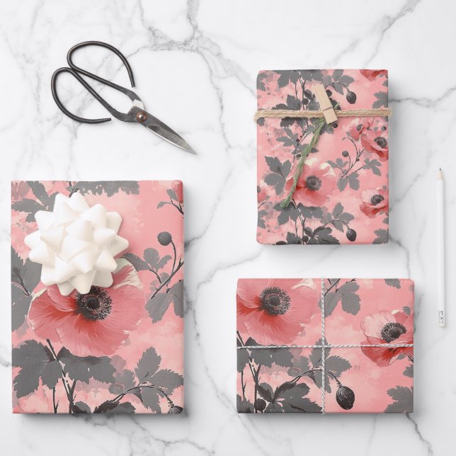 Pink, blush poppy flower pattern wrapping paper sheets (Front)