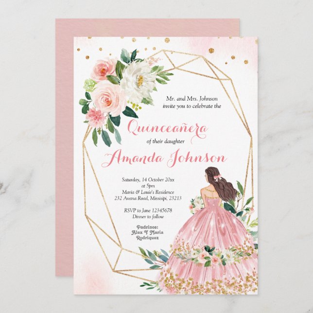 Pink Blush Princess Quinceañera Invitation (Front/Back)