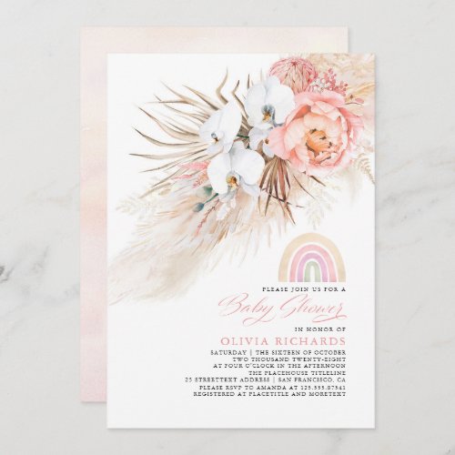 Pink Blush Rainbow Pampas Grass Baby Shower Girl Invitation