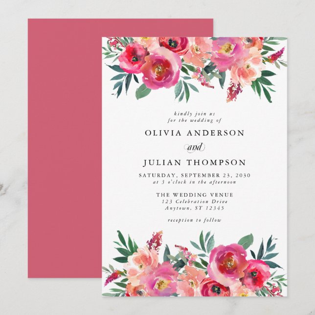 Pink Blush & Red Floral Watercolor Wedding Invitation (Front/Back)