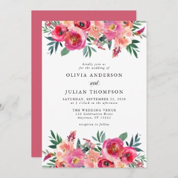 Pink Blush & Red Floral Watercolor Wedding Invitation by oddowl at Zazzle
