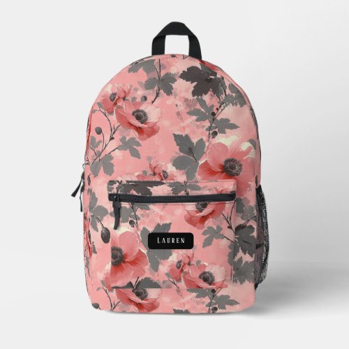Pink blush red poppy flower pattern printed backpack