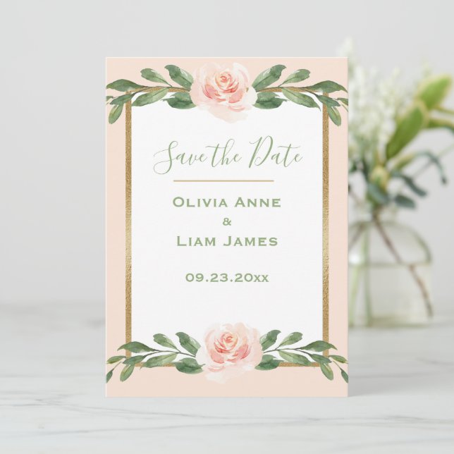 Pink Blush Romantic Floral Elegant Green Script Save The Date (Standing Front)