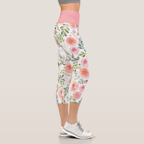 Pink Blush Rose and Greenery Leaves Capri Legging