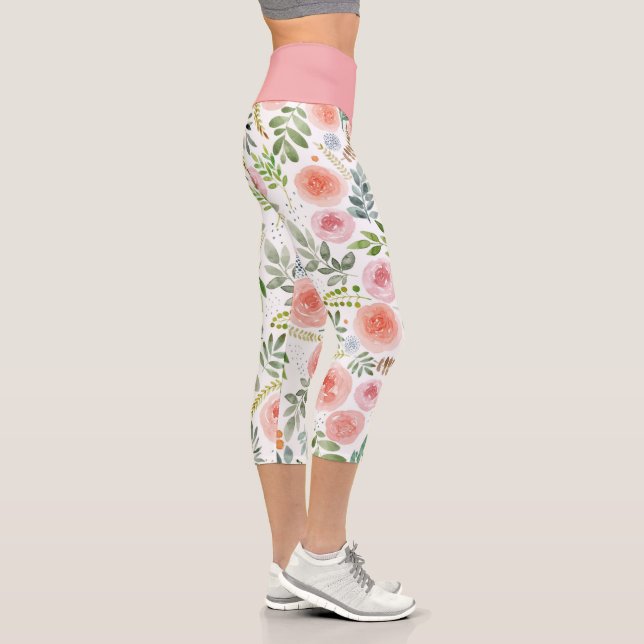 Pink Blush Rose and Greenery Leaves  Capri Legging (Right)