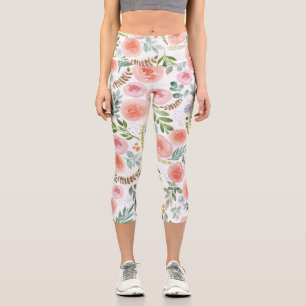 Pink Blush Rose and Greenery Leaves Capri Leggings