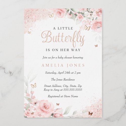 Pink Blush Rose Butterfly Baby Shower  Foil Invitation