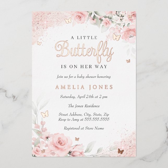 Pink Blush Rose Butterfly Baby Shower  Foil Invitation (Front)