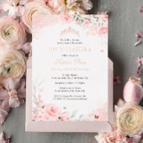 Pink Blush Rose Butterfly Silver Quinceanera Foil Invitation