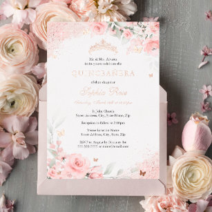 Pink Blush Rose Butterfly Silver Quinceanera Foil Invitation