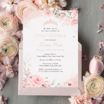 Pink Blush Rose Butterfly Silver Quinceanera Foil Invitation by LittleBayleigh at Zazzle