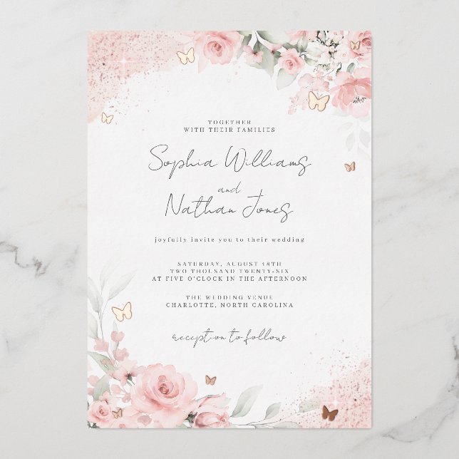 Pink Blush Rose Butterfly Wedding  Foil Invitation (Front)