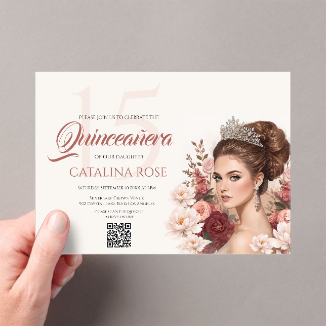 Pink Blush Rose Elegant Quinceañera QR Code Acrylic Invitations (Insitu (Handheld))