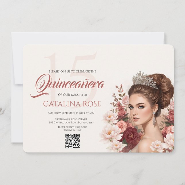 Pink Blush Rose Elegant Quinceañera QR Code Invitation (Front)