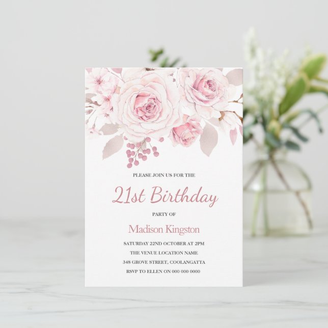 Pink Blush Rose Elegant Womans 21st Birthday Party Invitation (Standing Front)