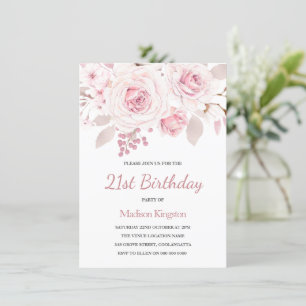 Pink Blush Rose Elegant Womans 21st Birthday Party Invitation