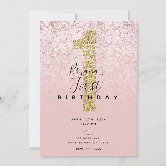 Pink Blush Rose Gold 1 Glitter Marble Glam 1st One Invitation (Front)