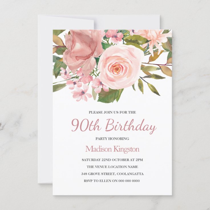 Pink Blush Rose Gold 90th Birthday Party Invite | Zazzle