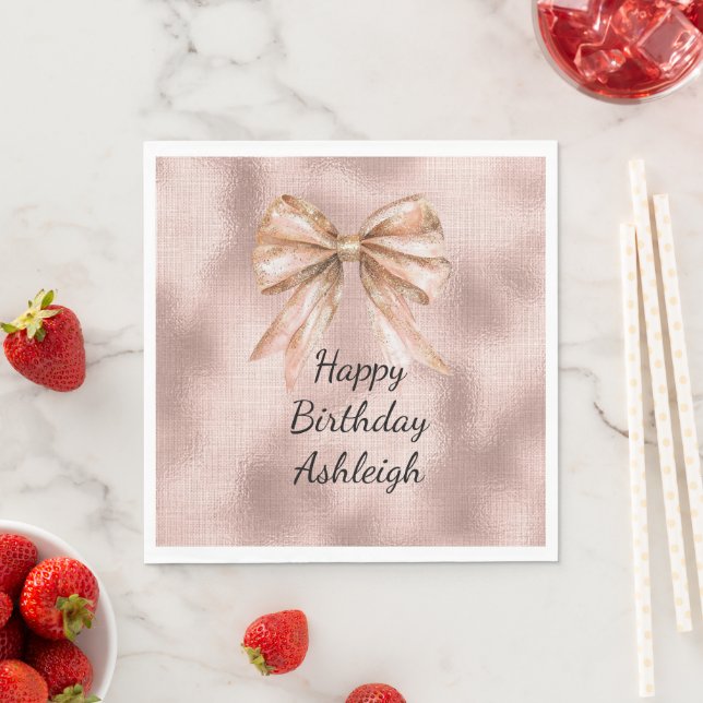 Pink Blush Rose Gold Bow Birthday Napkins (Insitu)