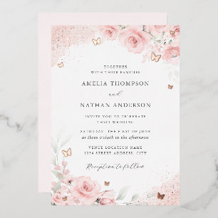 Pink Blush Rose Gold Butterfly Wedding   Foil Invitation