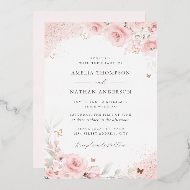 Pink Blush Rose Gold Butterfly Wedding   Foil Invitation (Front/Back)