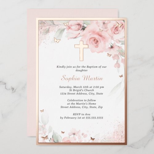 Pink Blush Rose Gold Cross Floral Girl Baptism  Foil Invitation