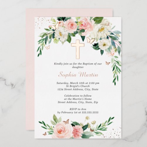 Pink Blush Rose Gold Cross Wreath Girl Baptism  Foil Invitation