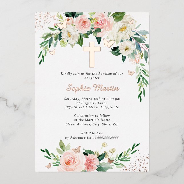 Pink Blush Rose Gold Cross Wreath Girl Baptism  Foil Invitation (Front)