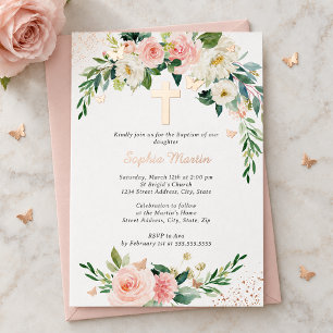 Pink Blush Rose Gold Cross Wreath Girl Baptism Foil Invitation